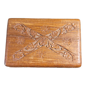 VINTAGE mid-century carved floral wood Indian rosewood box felt lined 6X4X2.25